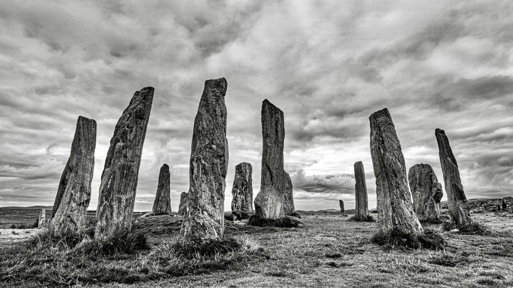 Black and white image of a stone circle, The Calanais Stones, Isle of Harris