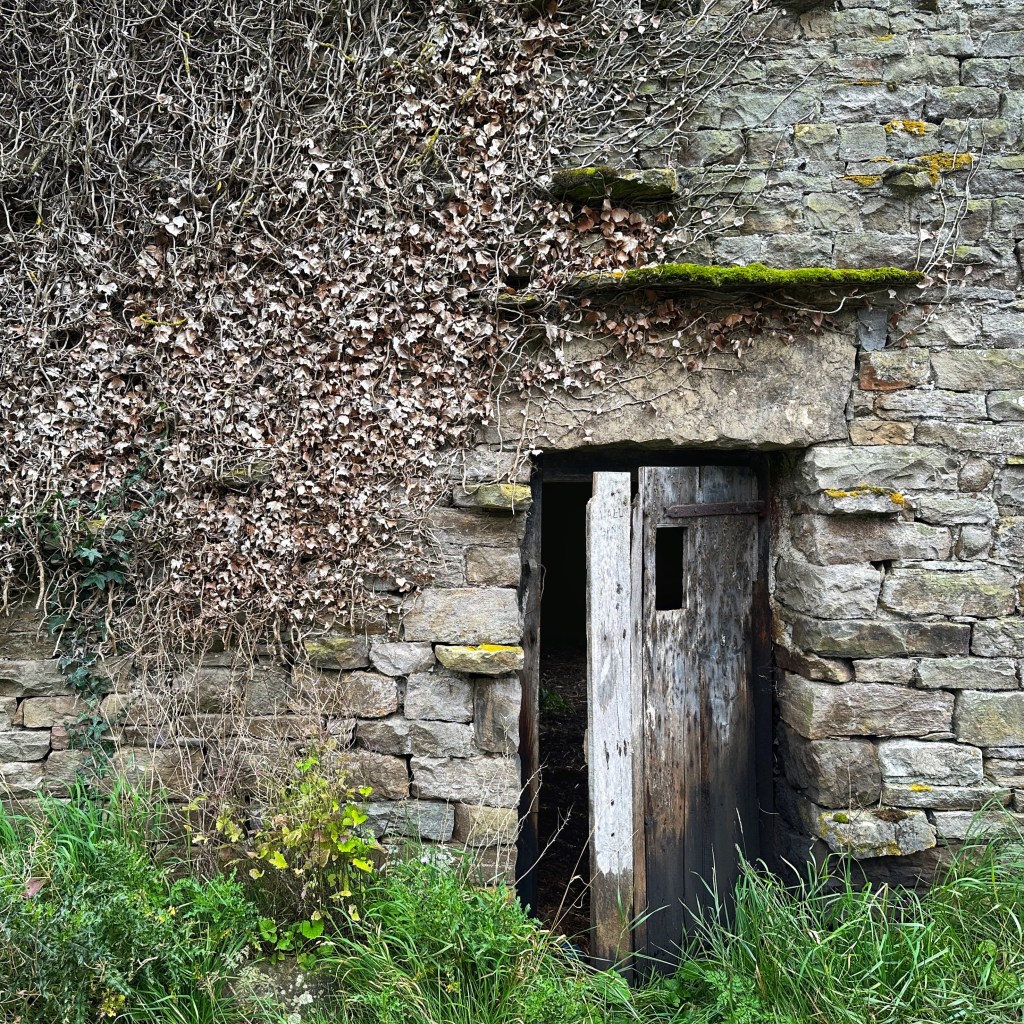 An old wooden door, stood ajar against a stone wall.  Inviting you in.